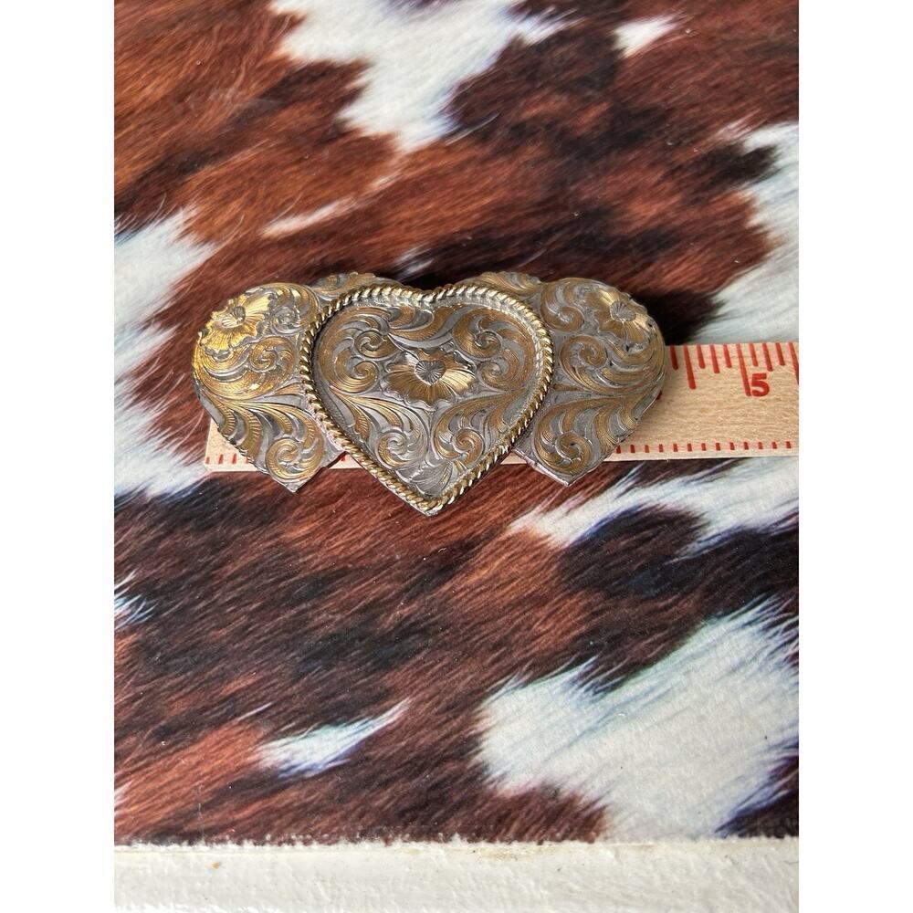Vintage Triple Heart Sterling Silver Plate Montana Silversmiths Belt Buckle - Picture 4 of 10